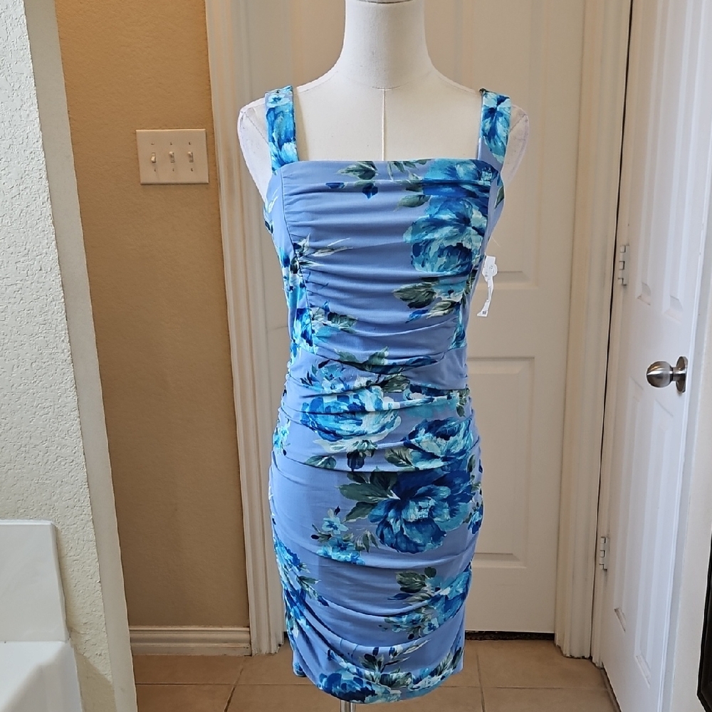 Emerald Sundae Vibrant Blue Floral Ruched Mesh Tank Dress Size L and XL NWT - Picture 2 of 9
